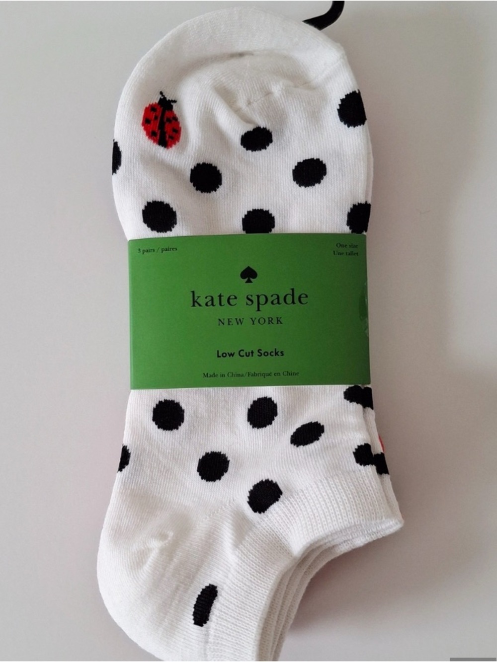 kate spade white socks with black polka dots and red ladybug